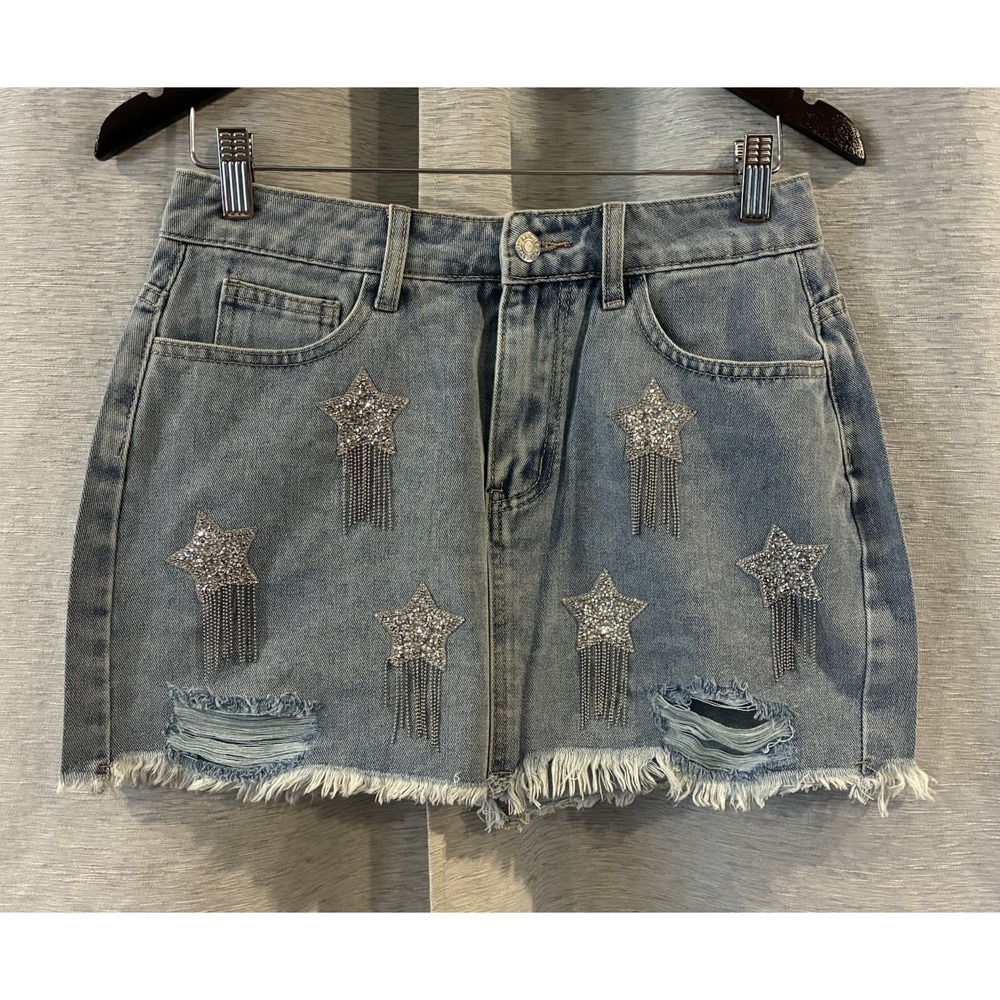 SHEIN Sparkly Star All Over Denim Micro Mini Skirt Size Small Festival